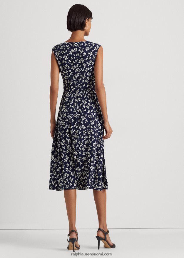 Ralph Lauren naiset lehtikuvioinen kierreetuinen kreppimekko 0Z24ZR4444 laivastonsininen/kerma