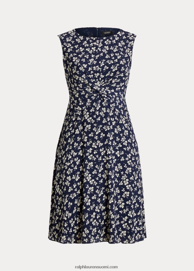 Ralph Lauren naiset lehtikuvioinen kierreetuinen kreppimekko 0Z24ZR4649 laivastonsininen/kerma