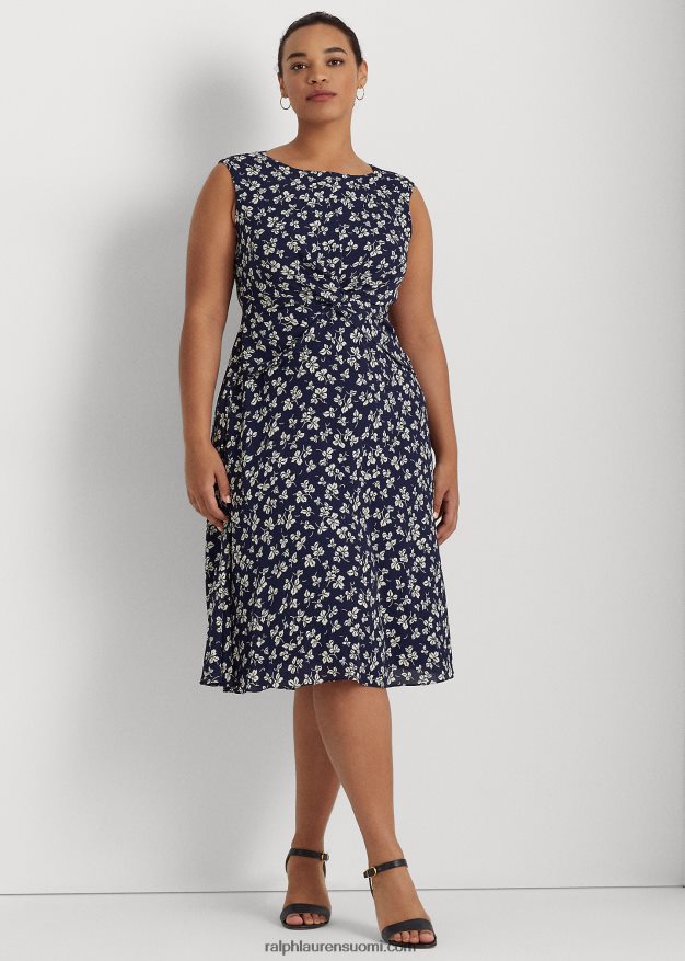 Ralph Lauren naiset lehtikuvioinen kierreetuinen kreppimekko 0Z24ZR4649 laivastonsininen/kerma