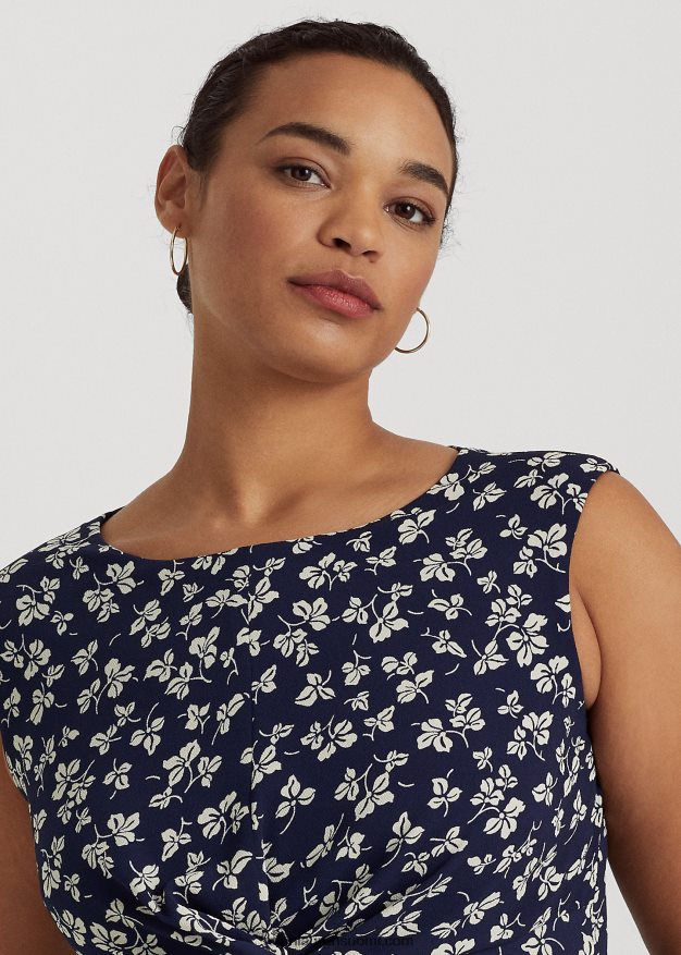 Ralph Lauren naiset lehtikuvioinen kierreetuinen kreppimekko 0Z24ZR4649 laivastonsininen/kerma