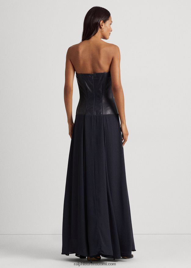 Ralph Lauren naiset nahka-georgette olkaimeton mekko 0Z24ZR9566 laivasto