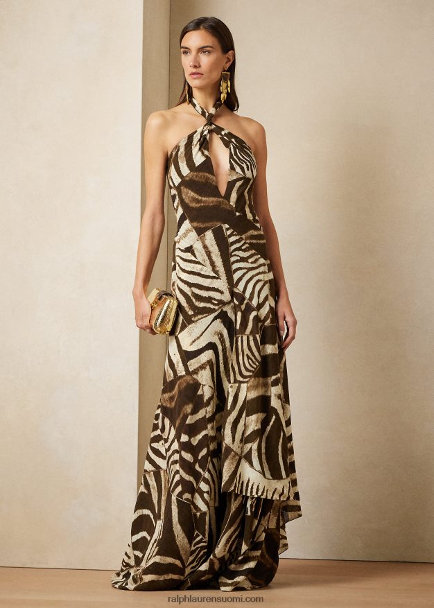 Ralph Lauren naiset niccola seeprakuvioinen iltapuku 0Z24ZR3599 ruskea/kerma moni