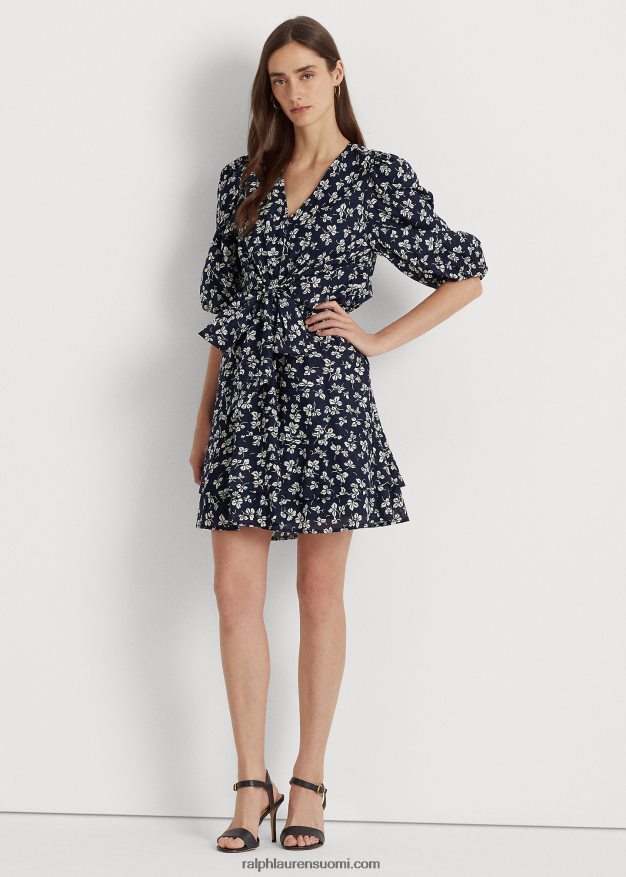 Ralph Lauren naiset painatus edessä solmittava puuvilla puff-hihainen mekko 0Z24ZR4044 laivastonsininen/kerma