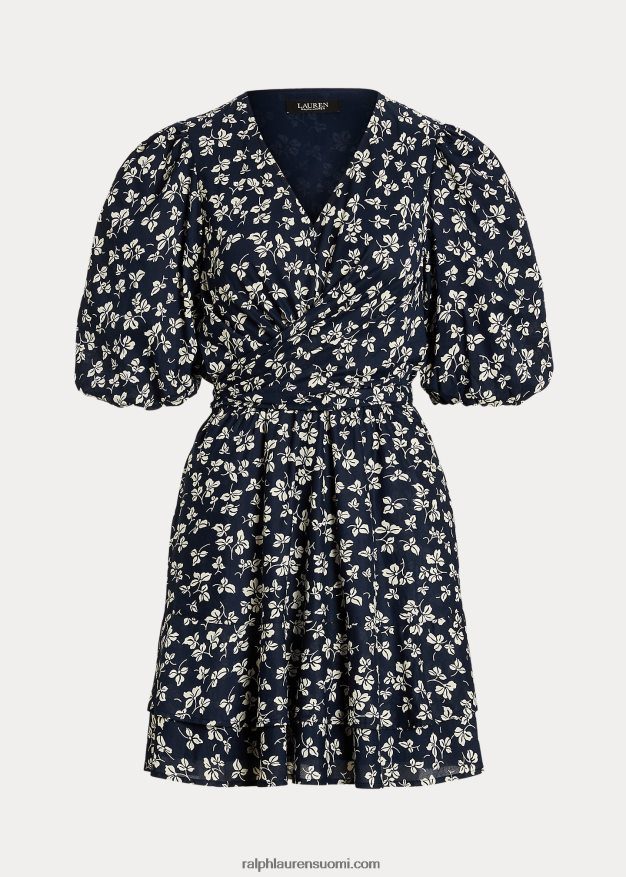 Ralph Lauren naiset painatus edessä solmittava puuvilla puff-hihainen mekko 0Z24ZR4044 laivastonsininen/kerma