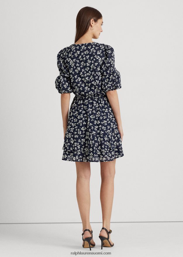 Ralph Lauren naiset painatus edessä solmittava puuvilla puff-hihainen mekko 0Z24ZR4044 laivastonsininen/kerma