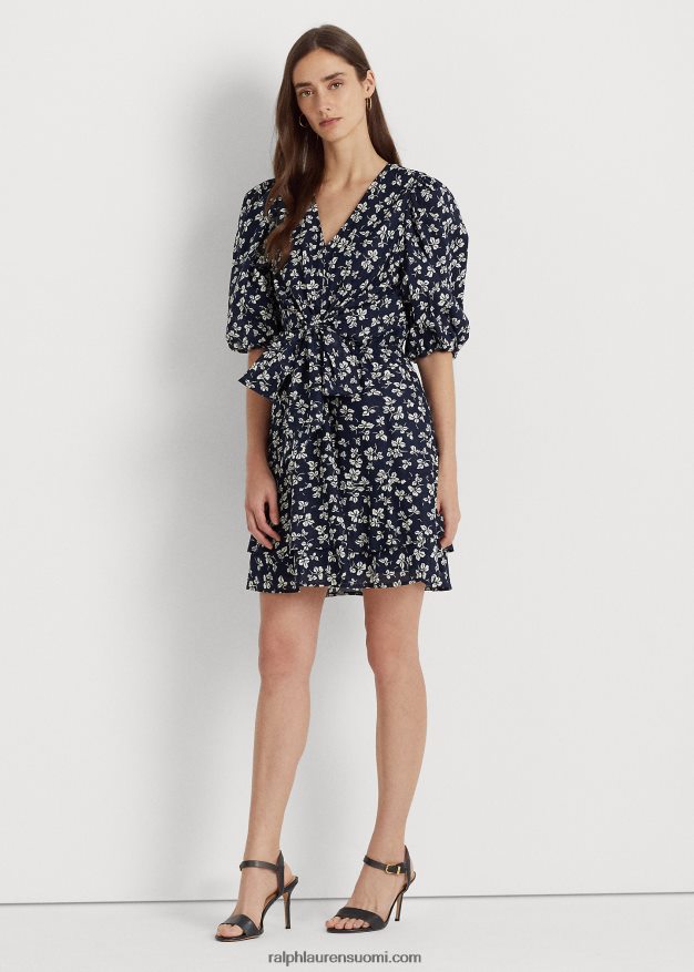 Ralph Lauren naiset painatus edessä solmittava puuvilla puff-hihainen mekko 0Z24ZR4044 laivastonsininen/kerma