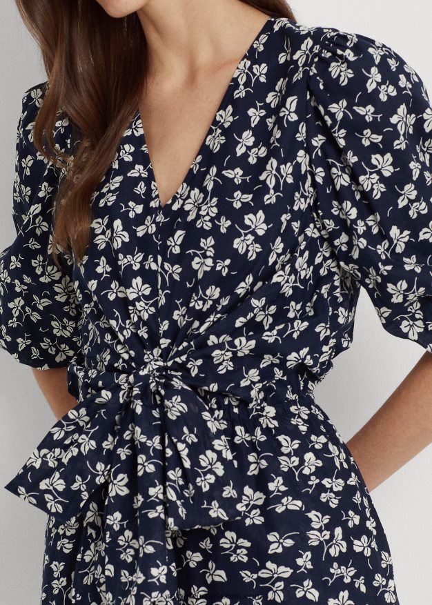 Ralph Lauren naiset painatus edessä solmittava puuvilla puff-hihainen mekko 0Z24ZR4371 laivastonsininen/kerma