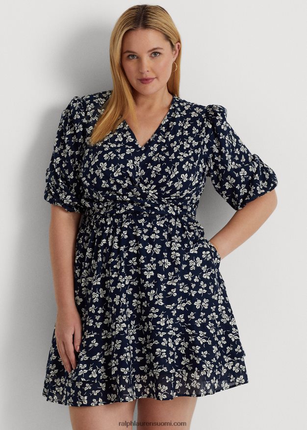 Ralph Lauren naiset painatus edessä solmittava puuvilla puff-hihainen mekko 0Z24ZR4701 laivastonsininen/kerma