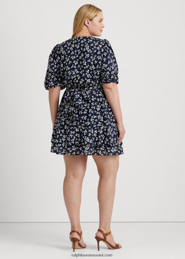 Ralph Lauren naiset painatus edessä solmittava puuvilla puff-hihainen mekko 0Z24ZR4701 laivastonsininen/kerma