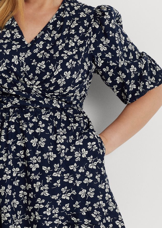 Ralph Lauren naiset painatus edessä solmittava puuvilla puff-hihainen mekko 0Z24ZR4701 laivastonsininen/kerma