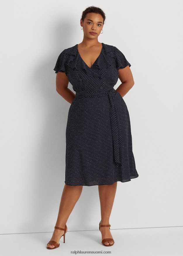 Ralph Lauren naiset pilkullinen georgette-mekko 0Z24ZR4792 laivasto/valkoinen