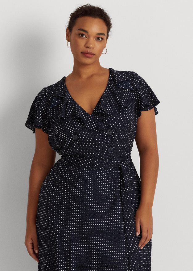 Ralph Lauren naiset pilkullinen georgette-mekko 0Z24ZR4792 laivasto/valkoinen