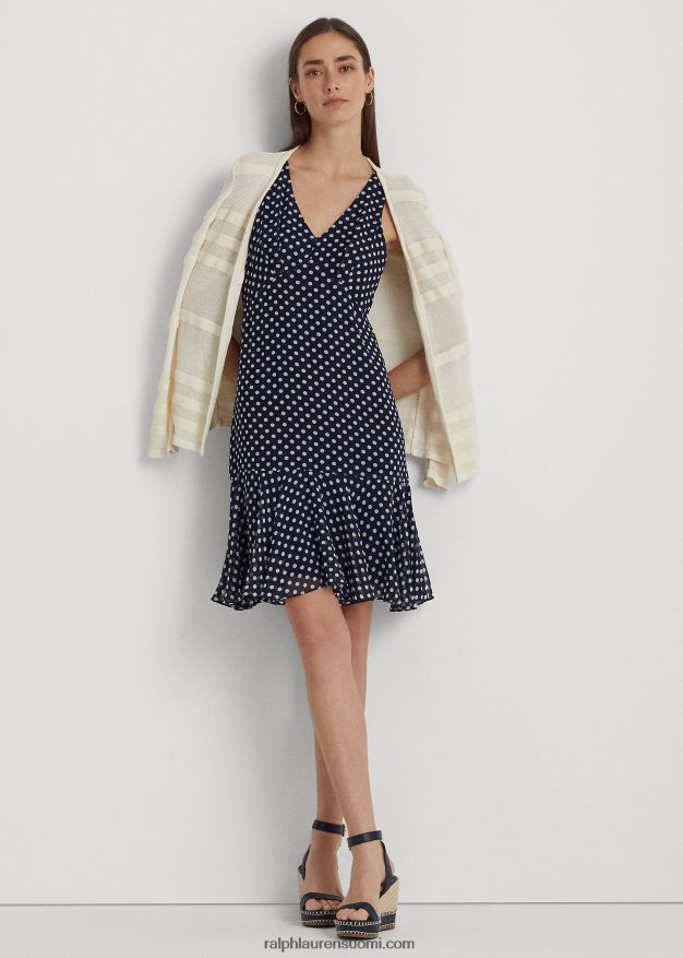 Ralph Lauren naiset pilkullinen sifonkihihaton mekko 0Z24ZR9419 laivastonsininen/kerma