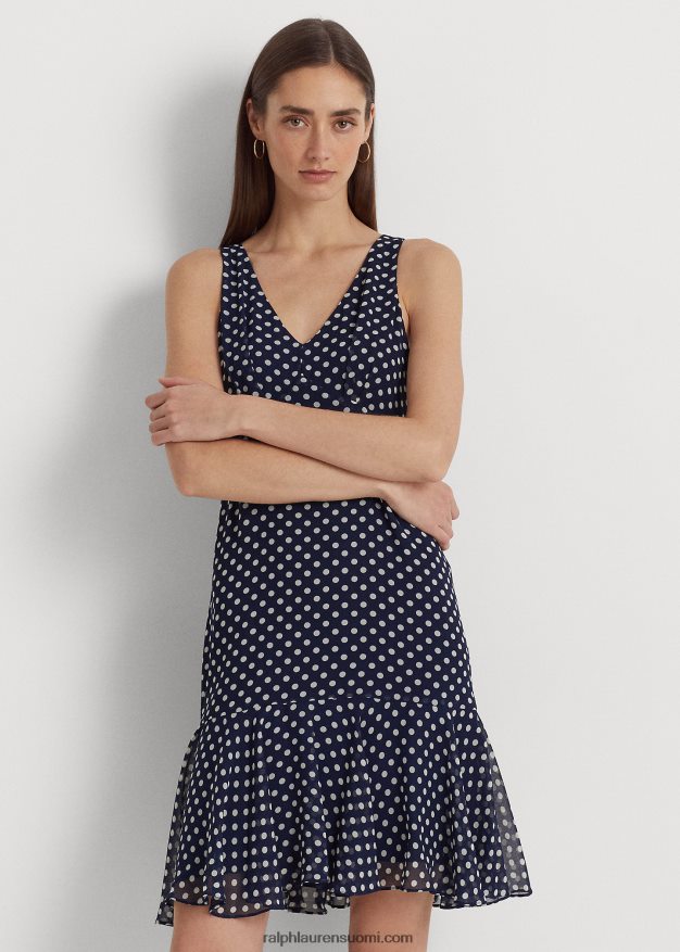 Ralph Lauren naiset pilkullinen sifonkihihaton mekko 0Z24ZR9419 laivastonsininen/kerma