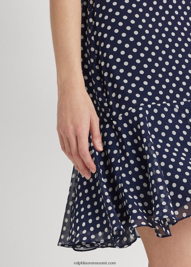 Ralph Lauren naiset pilkullinen sifonkihihaton mekko 0Z24ZR9419 laivastonsininen/kerma