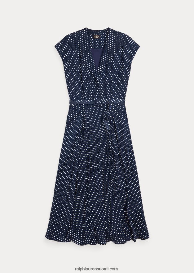 Ralph Lauren naiset pilkullinen silkkigeorgette-mekko 0Z24ZR3667 laivastonsininen/kerma