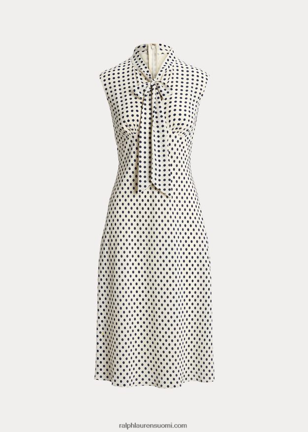 Ralph Lauren naiset pilkullinen solmittava georgette-mekko 0Z24ZR4427 pergamentti kerma/laivasto