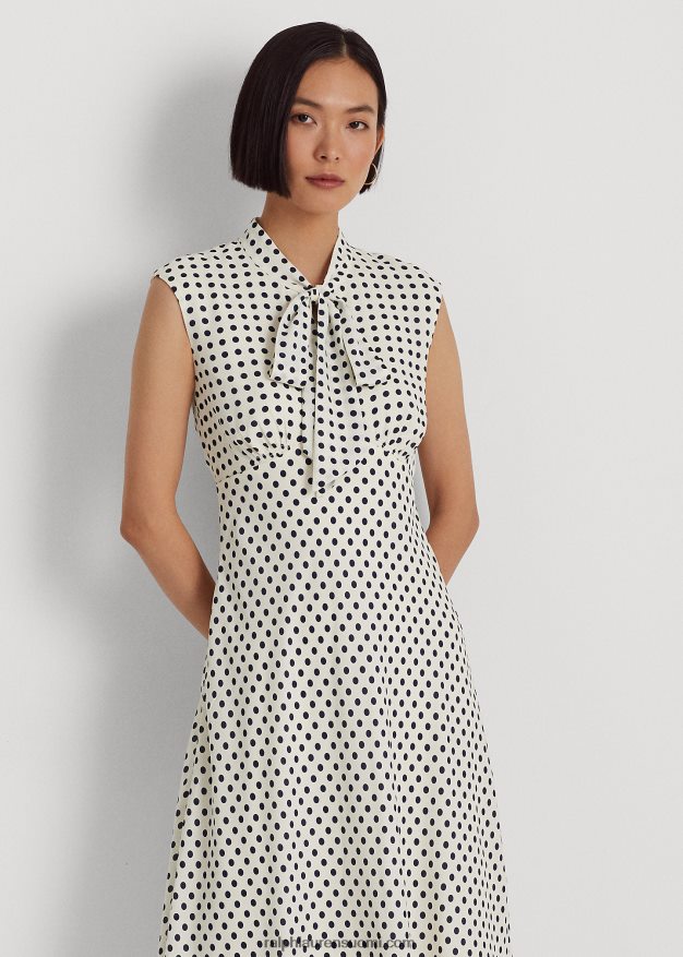 Ralph Lauren naiset pilkullinen solmittava georgette-mekko 0Z24ZR4427 pergamentti kerma/laivasto