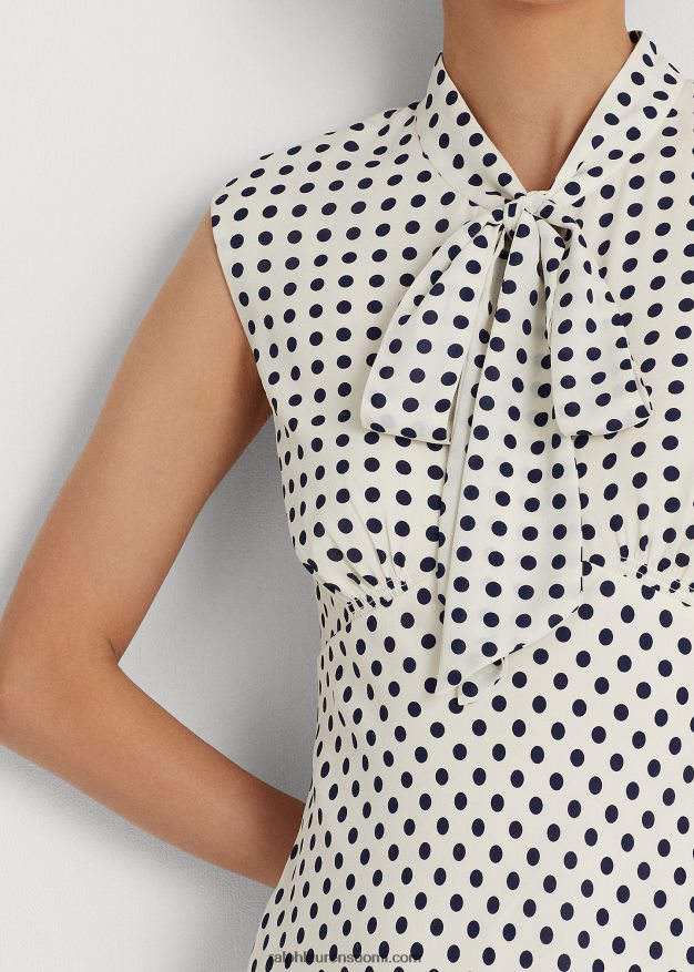 Ralph Lauren naiset pilkullinen solmittava georgette-mekko 0Z24ZR4427 pergamentti kerma/laivasto