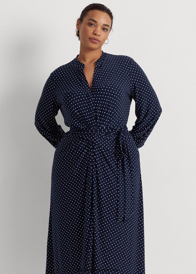 Ralph Lauren naiset pilkullinen stretch-jersey-paitamekko 0Z24ZR4682 laivastonsininen/kerma