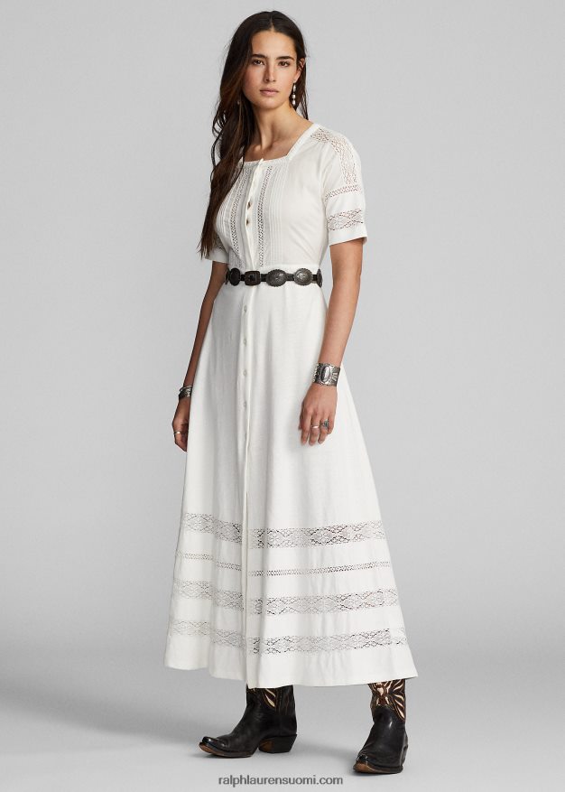Ralph Lauren naiset pitsireunainen pellava-puuvillatrikoomekko 0Z24ZR3631 luonnonvalkoinen