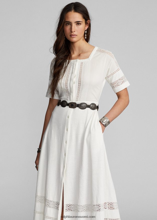 Ralph Lauren naiset pitsireunainen pellava-puuvillatrikoomekko 0Z24ZR3631 luonnonvalkoinen