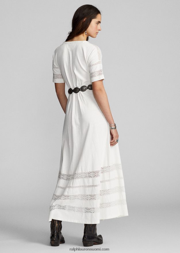 Ralph Lauren naiset pitsireunainen pellava-puuvillatrikoomekko 0Z24ZR3631 luonnonvalkoinen