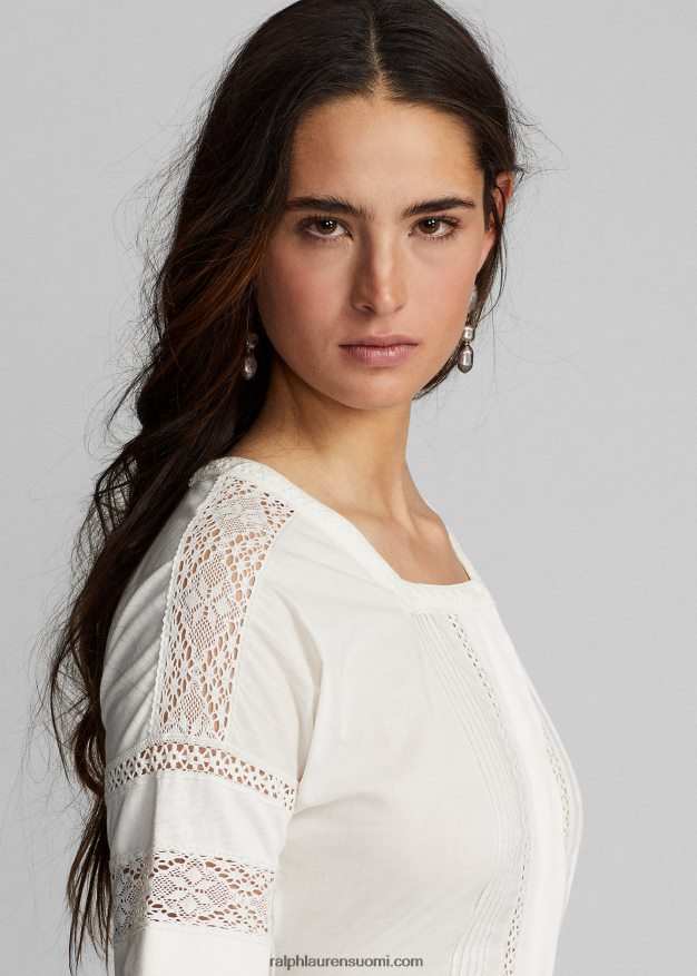 Ralph Lauren naiset pitsireunainen pellava-puuvillatrikoomekko 0Z24ZR3631 luonnonvalkoinen
