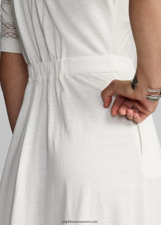 Ralph Lauren naiset pitsireunainen pellava-puuvillatrikoomekko 0Z24ZR3631 luonnonvalkoinen