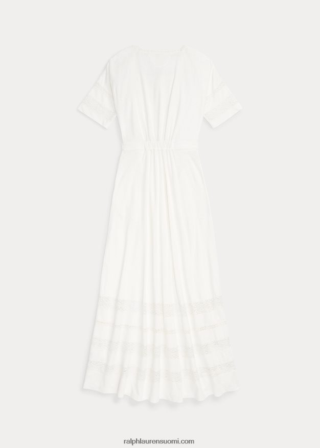 Ralph Lauren naiset pitsireunainen pellava-puuvillatrikoomekko 0Z24ZR3631 luonnonvalkoinen