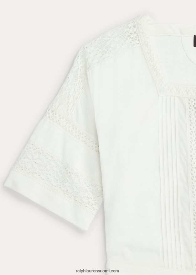 Ralph Lauren naiset pitsireunainen pellava-puuvillatrikoomekko 0Z24ZR3631 luonnonvalkoinen