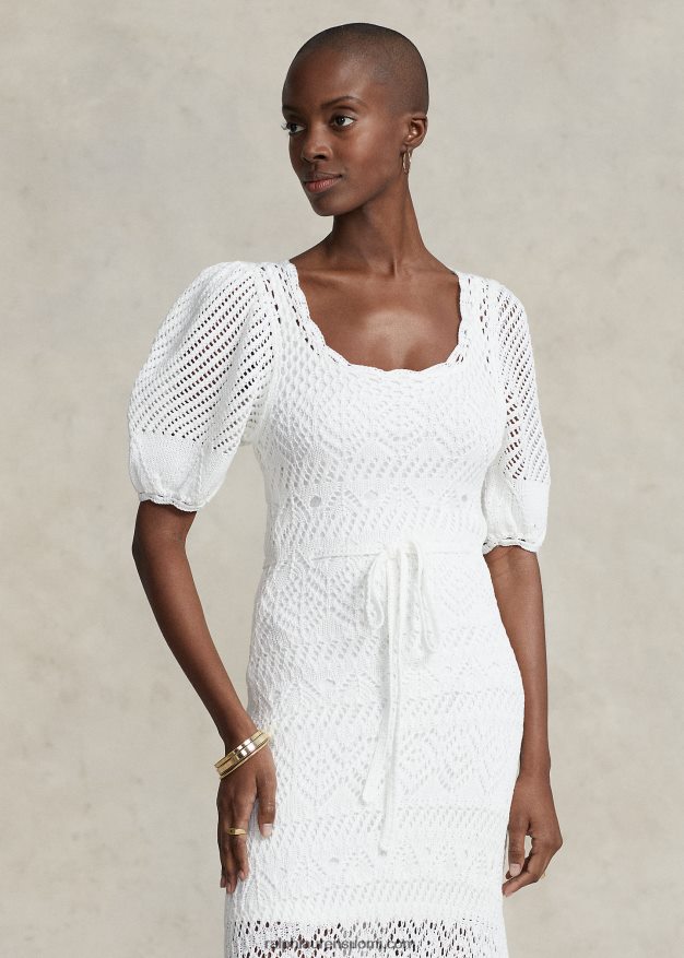 Ralph Lauren naiset pointelle-neulottu puuvillamekko 0Z24ZR3073 valkoinen