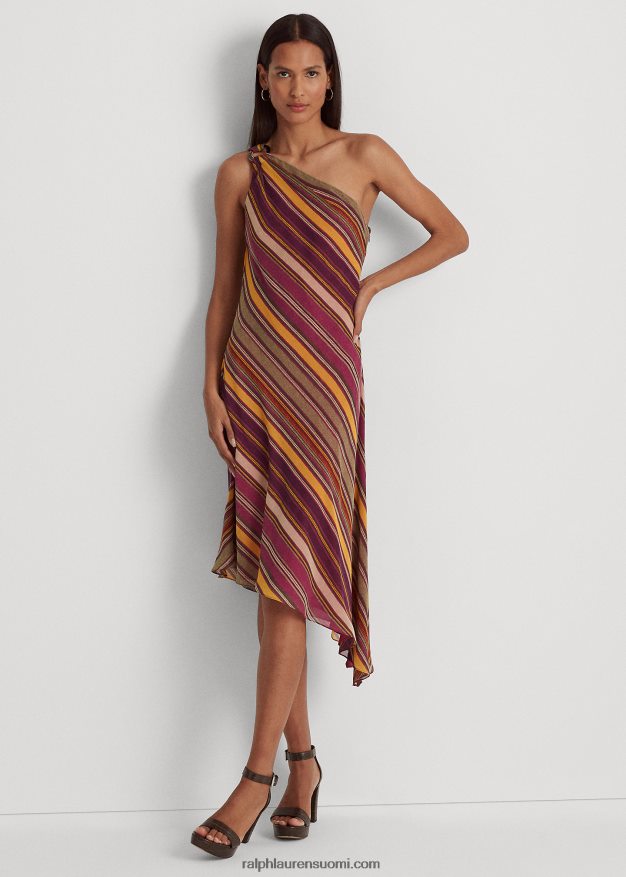 Ralph Lauren naiset raidallinen georgette yksiolkainen mekko 0Z24ZR3801 fuksia/kerma/multi