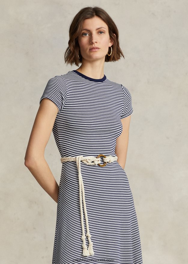 Ralph Lauren naiset raidallinen resoripuuvillasekoitemekko 0Z24ZR3066 valkoinen/newport laivasto raita