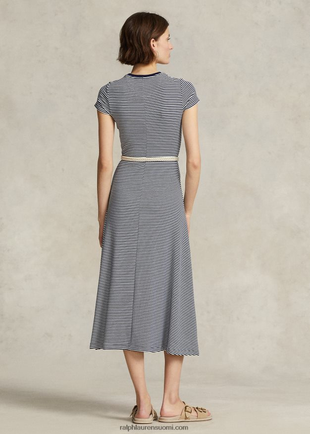 Ralph Lauren naiset raidallinen resoripuuvillasekoitemekko 0Z24ZR3066 valkoinen/newport laivasto raita