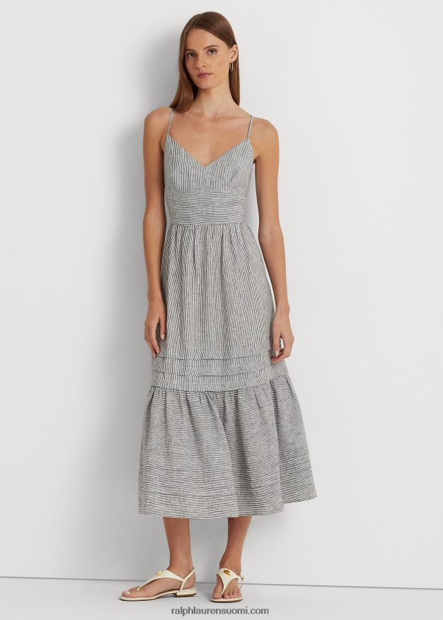 Ralph Lauren naiset raidallinen rusetti pellavamekko 0Z24ZR3926 musta valkoinen