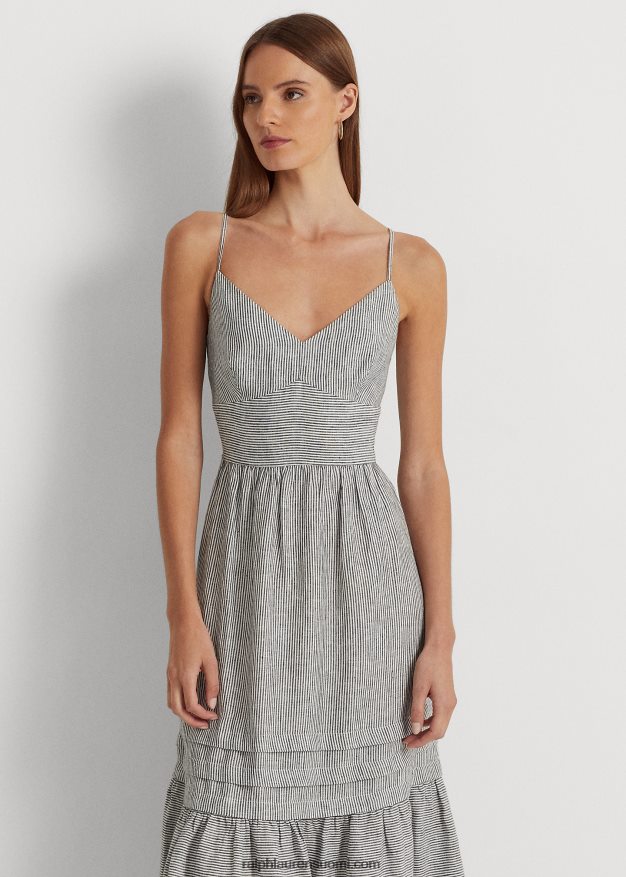 Ralph Lauren naiset raidallinen rusetti pellavamekko 0Z24ZR3926 musta valkoinen