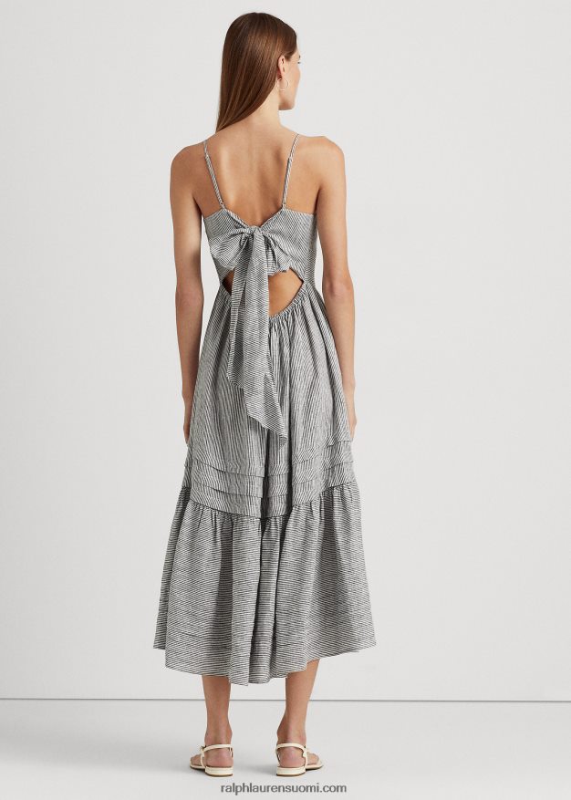 Ralph Lauren naiset raidallinen rusetti pellavamekko 0Z24ZR3926 musta valkoinen