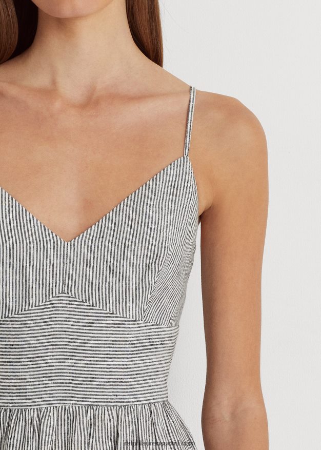 Ralph Lauren naiset raidallinen rusetti pellavamekko 0Z24ZR3926 musta valkoinen