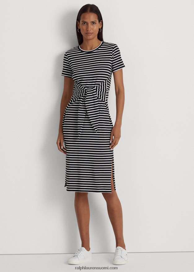 Ralph Lauren naiset raidallinen solmittava jersey-t-mekko 0Z24ZR3874 musta valkoinen