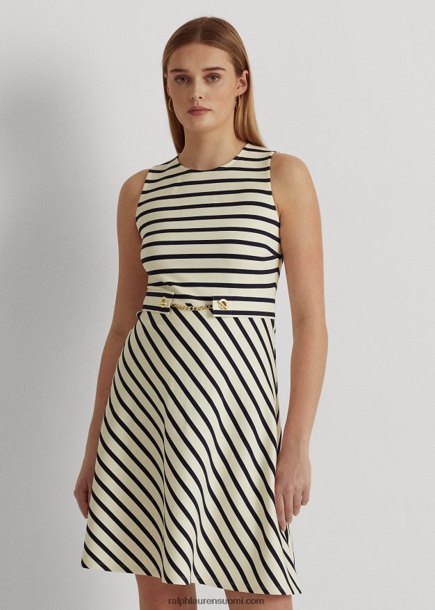 Ralph Lauren naiset raidallinen vyöllinen ponte-mekko 0Z24ZR4834 mascarpone kerma/laivasto