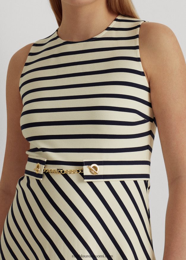 Ralph Lauren naiset raidallinen vyöllinen ponte-mekko 0Z24ZR4834 mascarpone kerma/laivasto