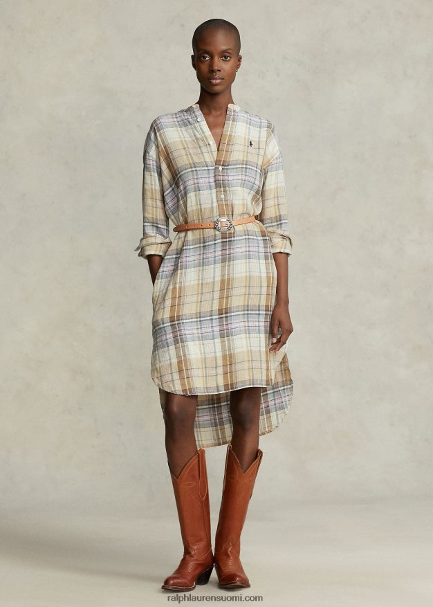 Ralph Lauren naiset ruudullinen pellava paitamekko 0Z24ZR2962 ruskea moniruutuinen