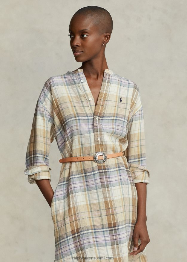 Ralph Lauren naiset ruudullinen pellava paitamekko 0Z24ZR2962 ruskea moniruutuinen