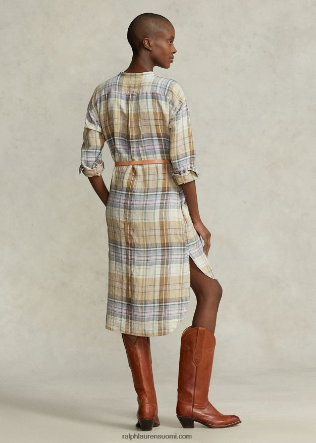 Ralph Lauren naiset ruudullinen pellava paitamekko 0Z24ZR2962 ruskea moniruutuinen