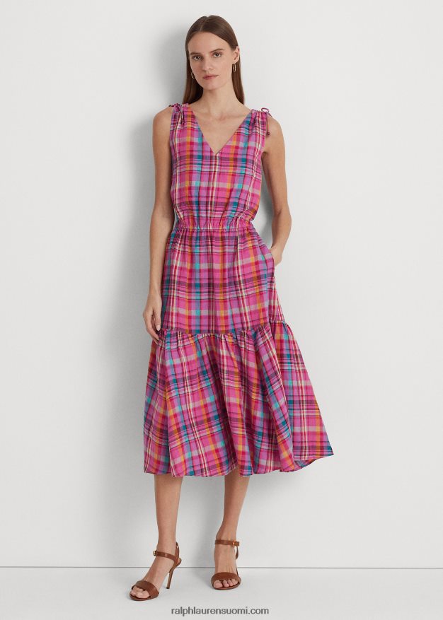 Ralph Lauren naiset ruudullinen pellavahihaton mekko 0Z24ZR3932 pinkki multi