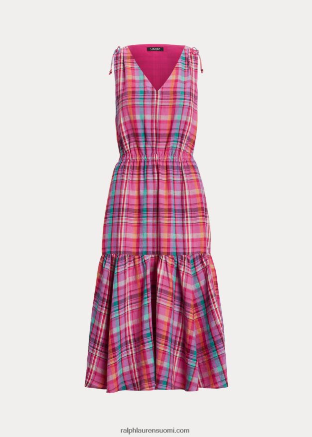 Ralph Lauren naiset ruudullinen pellavahihaton mekko 0Z24ZR3932 pinkki multi