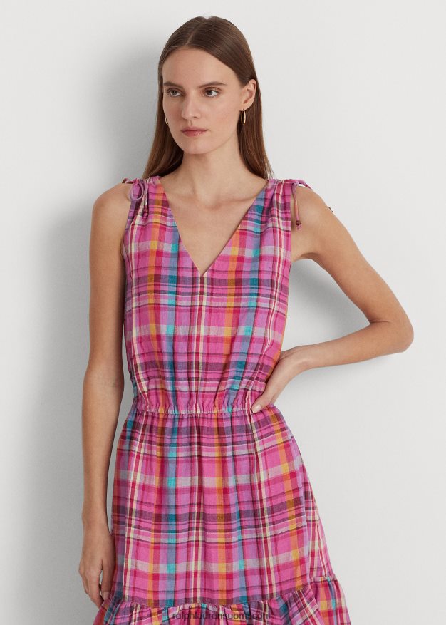 Ralph Lauren naiset ruudullinen pellavahihaton mekko 0Z24ZR3932 pinkki multi