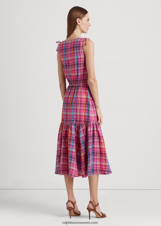 Ralph Lauren naiset ruudullinen pellavahihaton mekko 0Z24ZR3932 pinkki multi