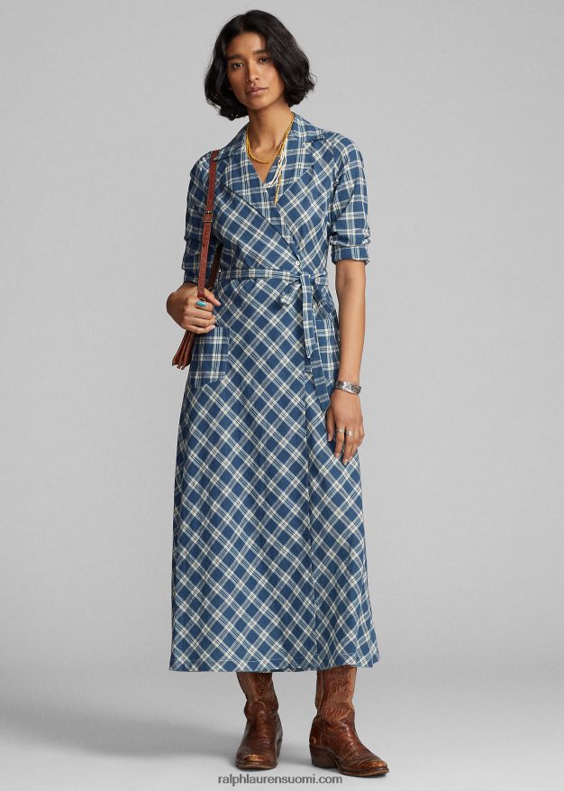 Ralph Lauren naiset ruudullinen puuvillainen voile-mekko 0Z24ZR3655 sininen/kerma